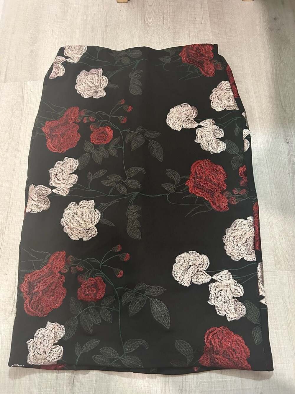 ECI Black Floral Embroidered Rose Midi Pencil Skirt